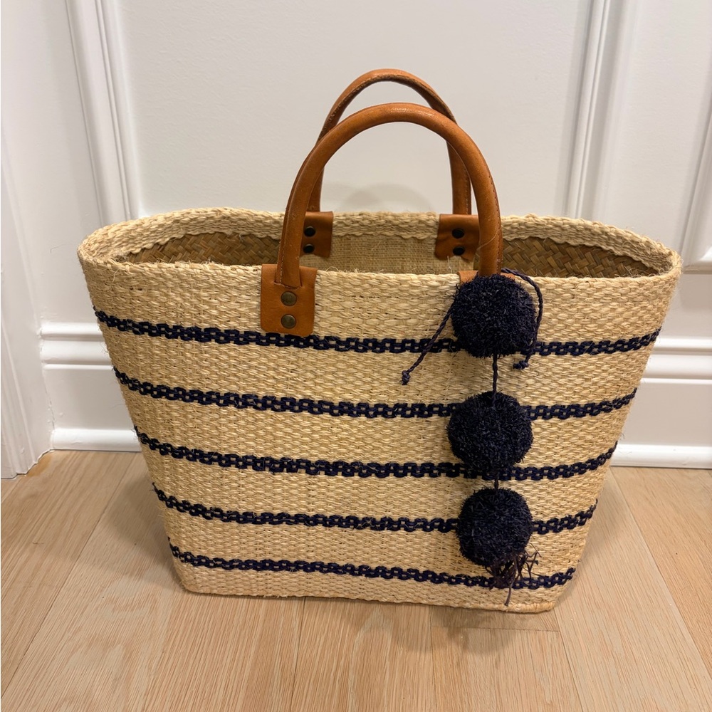 Mar y Sol Blue Striped Straw Tote Bag with Leather Handles